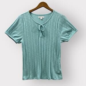 Free Assembly Women's Aqua Ribbed Knit Short Sleeve Tie Neck Top Size /Large